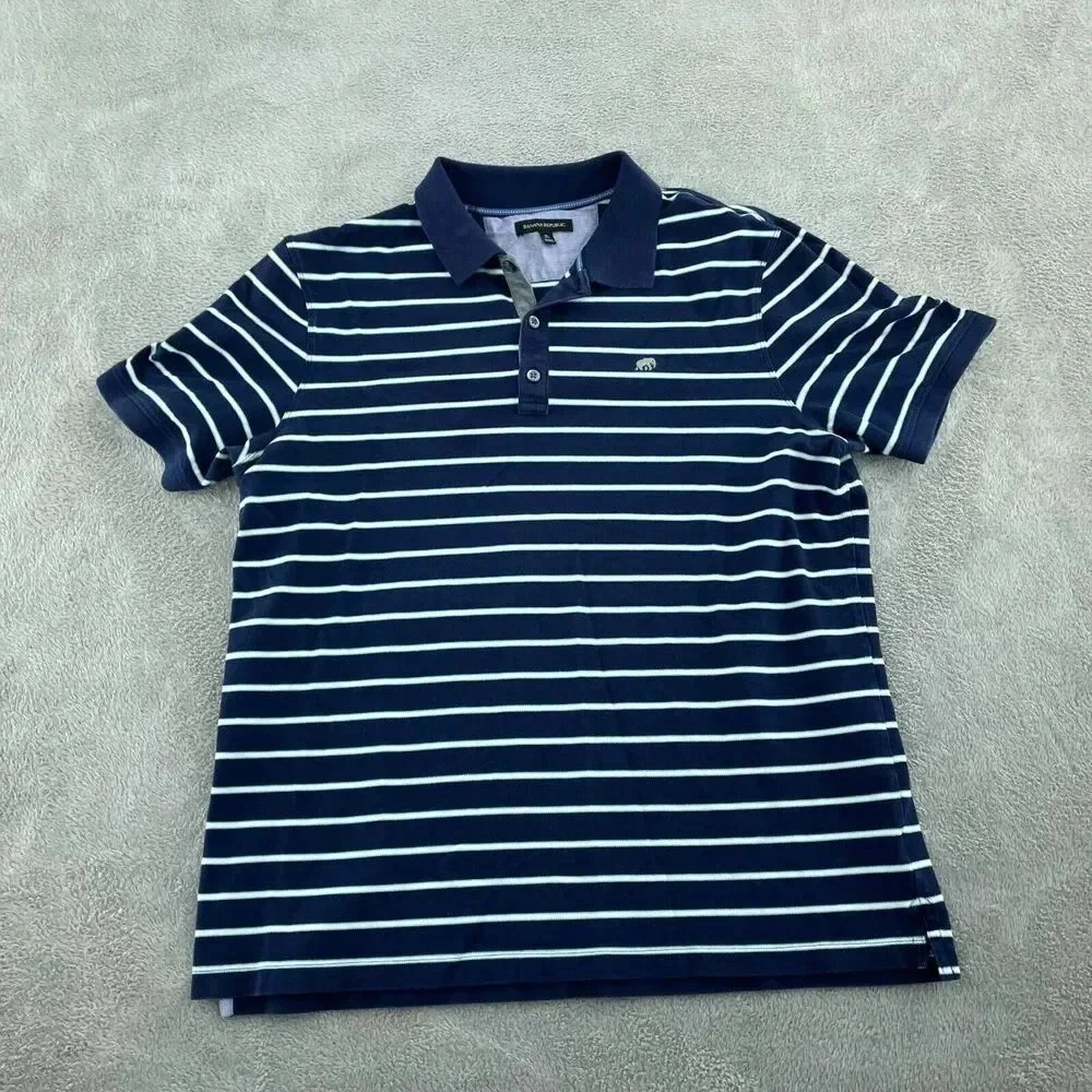 Banana Republic Mens Navy & White Striped Polo Shirt XL Cotton/Lycra 1811